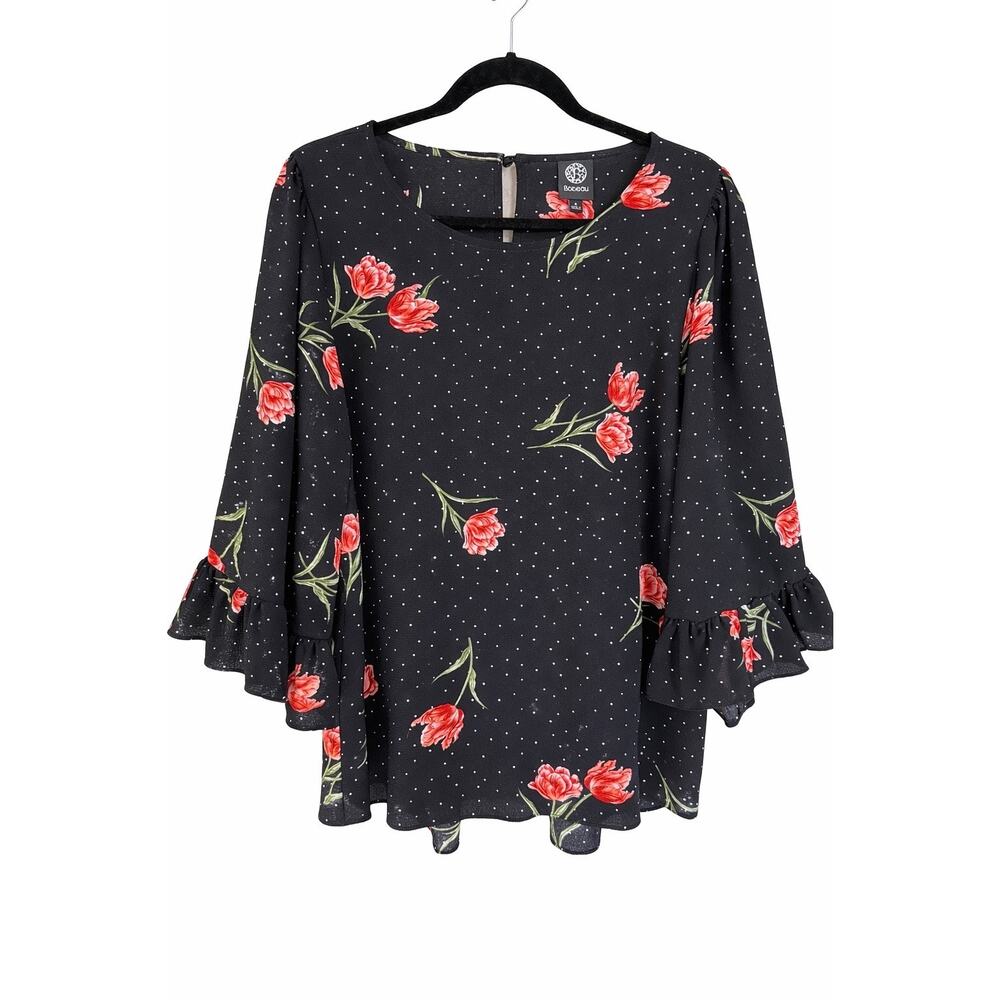 Bobeau Small Black Tulip Floral Polka Dot Bell Sleeve Boho Romantic Blouse